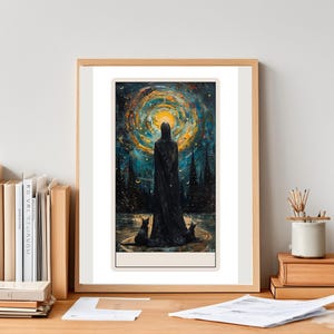 May include: Framed art print featuring a figure in a black cloak standing before a swirling, celestial background. Two black cats sit at the figure's feet. The artwork is set in a wooden frame, creating a mystical and intriguing aesthetic.