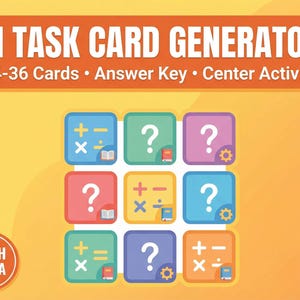 May include: An orange and yellow graphic with the text "AI TASK CARD GENERATOR" and "24-36 Cards • Answer Key • Center Activity." Below are colorful squares with math symbols and question marks. The words "MATH & ELA" are in a circle.