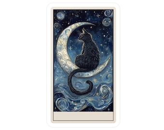 May include: A sticker featuring a black cat perched on a crescent moon against a starry night sky. The cat has a fluffy appearance, and the moon is detailed with intricate patterns. The background is a blend of blues and whites, creating a whimsical, celestial theme.