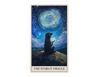 May include: A rectangular sticker featuring a stylized illustration of a black dog sitting on a hill, gazing at a glowing orb. The background depicts a swirling galaxy of blues and whites. The text "THE STARLIT ORACLE" is at the bottom.