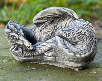 Fairy tale dragon sculpture Concrete fantasy animal figurine Stone home decor Outdoor garden ornament Backyard cement statue Silver dragon