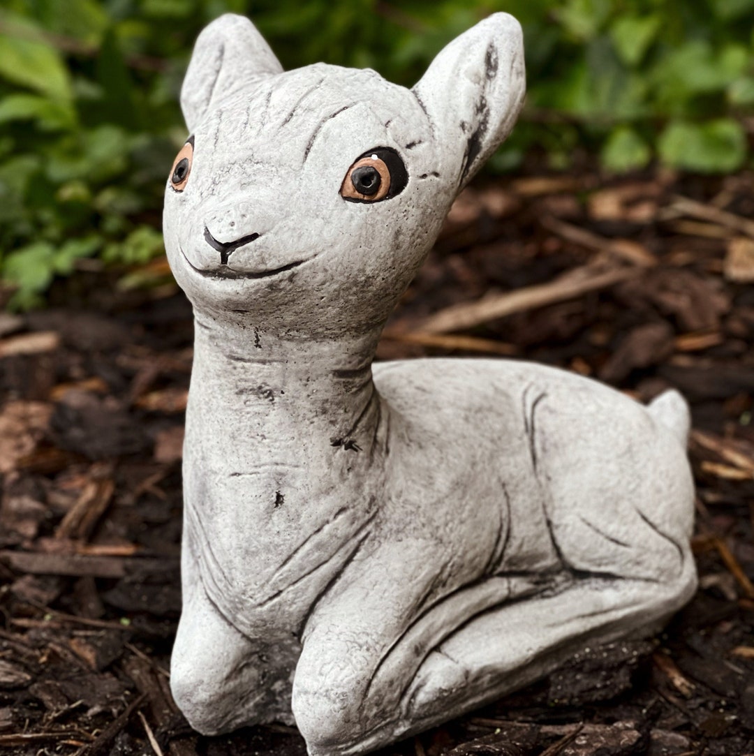 Cute Laying Baby Deer Statue Concrete Wild Deer Figurine Sitting Doe