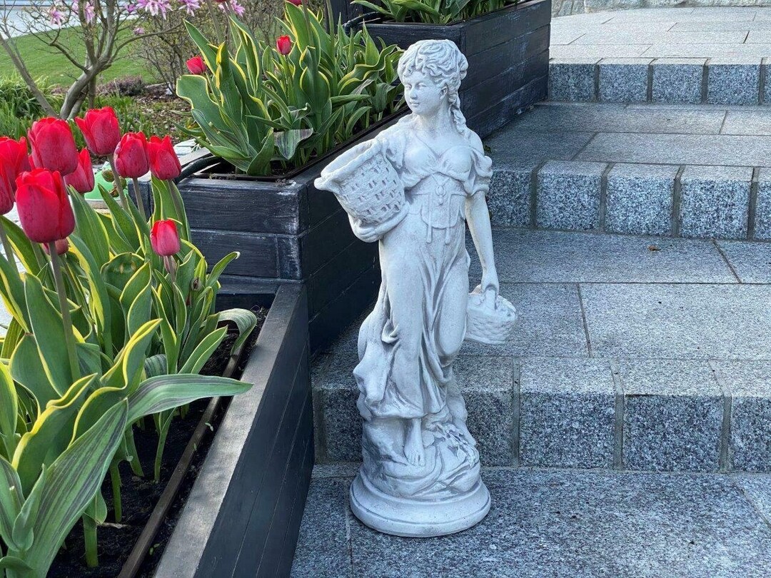 Lady Carrying Basket Garden Statue, Goddess Statue Decor, Large Female