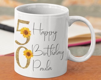 Personalised 50th Birthday Mug: Sunflower Ceramic Keepsake