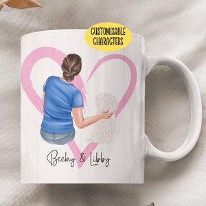 May include: White ceramic mug featuring a pink heart design and an illustration of a person with a dog. The mug has the text "Becky & Libby" and the words "Customisable Characters" in a yellow oval.
