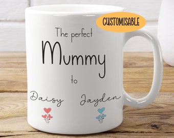 May include: White ceramic mug with black text that reads "The perfect Mummy to Daisy Jayden".  Two small illustrations of potted plants with hearts are below the names. The text "CUSTOMISABLE" is in a yellow box on the mug.