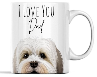 May include: White ceramic coffee mug with a white dog's face peeking out from the bottom. The text "I love you Dad" is printed in black on the mug.