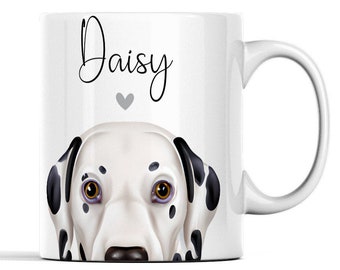 May include: White ceramic mug with a black and white Dalmatian dog illustration and the name "Daisy" in black cursive lettering with a gray heart.