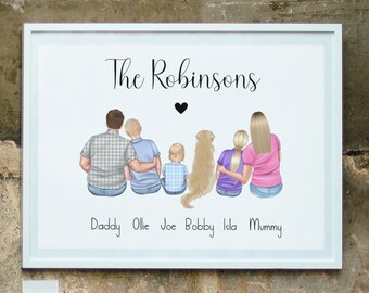 May include: A white framed print with a hand-drawn illustration of a family of five, including a dog, standing in a row with their backs to the viewer. The text "The Robinsons" is at the top of the print, with a small black heart below it. The names "Daddy, Ollie, Joe, Bobby, Isla, Mummy" are written below the illustration.