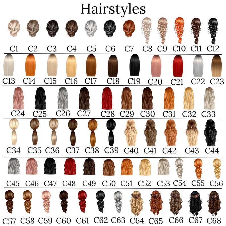 May include: A chart of 68 different hairstyles for women, labeled with numbers C1 through C68. The hairstyles are shown from the back, and each hairstyle is a different color.