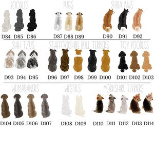 以下が含まれることがあります： 14種類の異なる犬種をデジタルイラストで描いたものです。それぞれ3つの異なる色のバリエーションがあります。犬種はプードル、パグ、柴犬、シーズー、スタッフォードシャー・ブルテリア、トイ・プードル、ワイマラナー、ウェスティ、ヨークシャーテリアです。