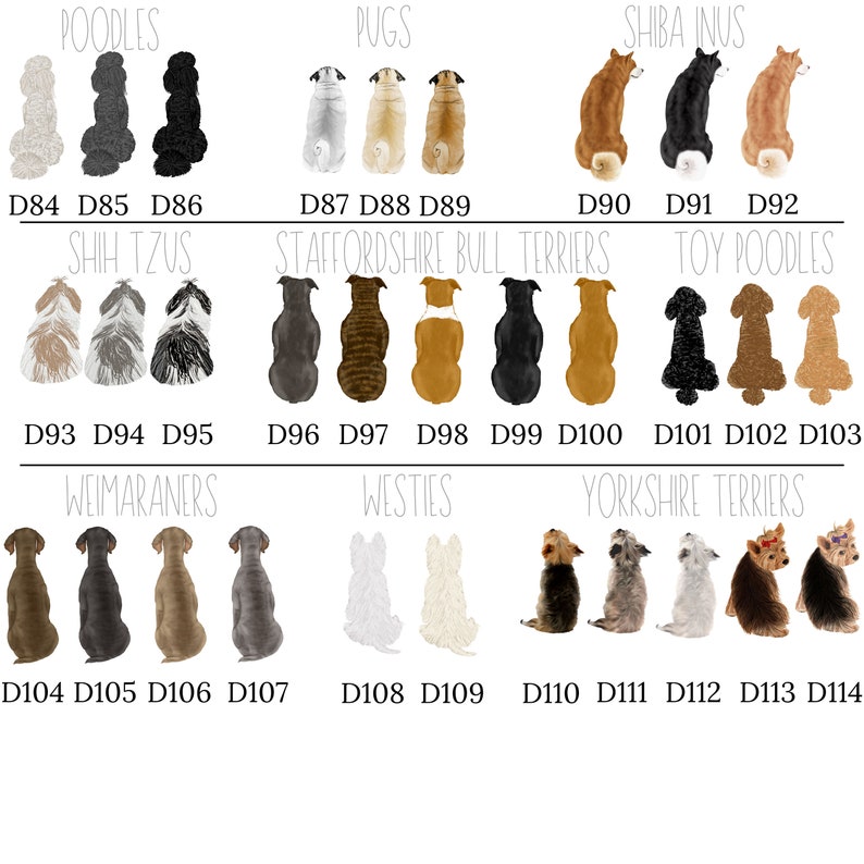 以下が含まれることがあります： 14種類の異なる犬種をデジタルイラストで描いたものです。それぞれ3つの異なる色のバリエーションがあります。犬種はプードル、パグ、柴犬、シーズー、スタッフォードシャー・ブルテリア、トイ・プードル、ワイマラナー、ウェスティ、ヨークシャーテリアです。