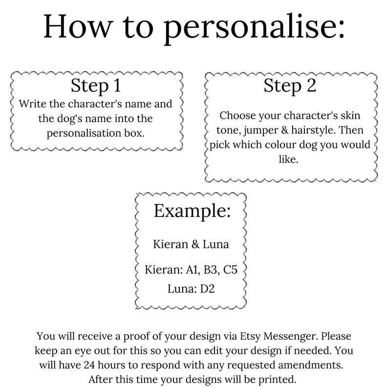 May include: How to personalize a custom illustration. Step 1: Write the character's name and the dog's name. Step 2: Choose the character's skin tone, jumper, hairstyle, and dog color. Example: Kieran & Luna. Kieran: A1, B3, C5. Luna: D2.