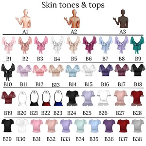 May include: A chart showing different skin tones and tops. The chart is divided into three columns, each with a different skin tone. The first column has a light skin tone, the second column has a medium skin tone, and the third column has a dark skin tone. Each column has ten rows, each with a different top. The tops are in a variety of colors and styles, including white, black, pink, blue, green, and red.