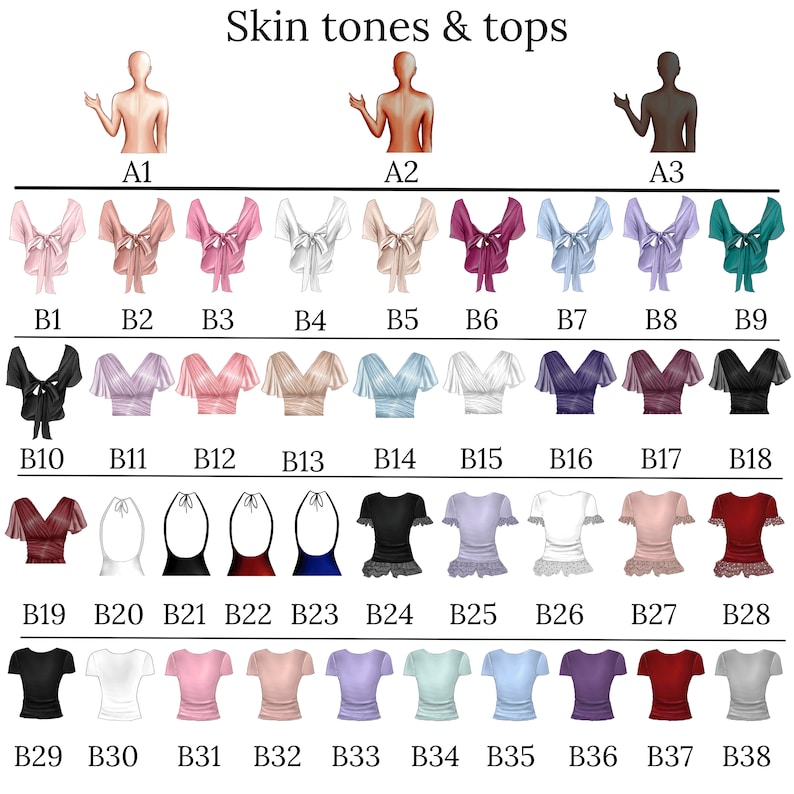 May include: A chart showing different skin tones and tops. The chart is divided into three columns, each with a different skin tone. The first column has a light skin tone, the second column has a medium skin tone, and the third column has a dark skin tone. Each column has ten rows, each with a different top. The tops are in a variety of colors and styles, including white, black, pink, blue, green, and red.