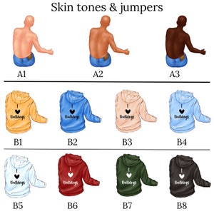 May include: A graphic showing different skin tones and hoodie colors. The hoodies have a heart with the word "Bulldogs" inside. The skin tones are labeled A1, A2, and A3. The hoodies are labeled B1, B2, B3, B4, B5, B6, B7, and B8.