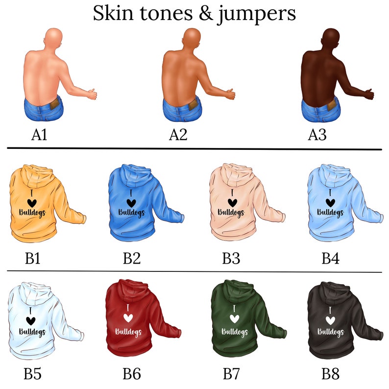May include: A graphic showing different skin tones and hoodie colors. The hoodies have a heart with the word "Bulldogs" inside. The skin tones are labeled A1, A2, and A3. The hoodies are labeled B1, B2, B3, B4, B5, B6, B7, and B8.