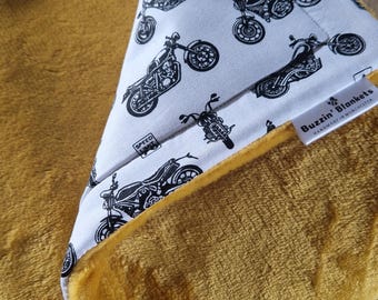 Biker Blanket | Stunning Monochrome Motorbike Fabric | Stunning Gift | White background with black Motorbike design- choice of fleece colour