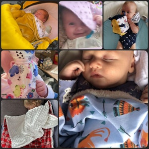 May include: A collection of images showing babies with baby items. One baby is wrapped in a yellow blanket, another is wearing a purple hood, and others are holding or covered with patterned blankets and toys. The images showcase baby blankets and toys.