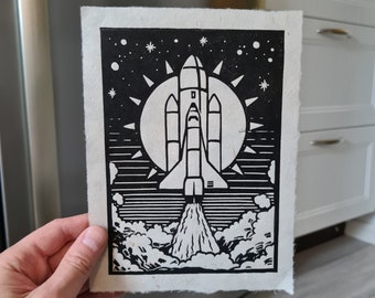 Liftoff- Original handmade linocut print, Limited edition