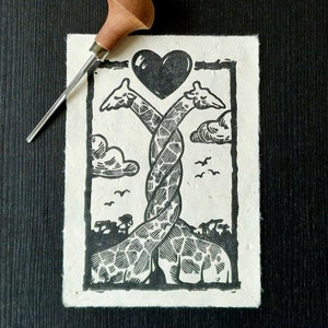 Giraffes in love - Original handmade linocut print