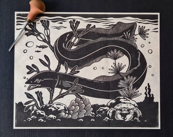 The Eel - Original handmade linocut print, Limited edition