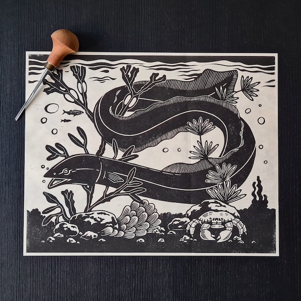 The Eel - Original handmade linocut print, Limited edition