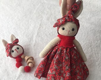 Crochet Bunny Rattle Set: Organic Cotton Amigurumi Doll