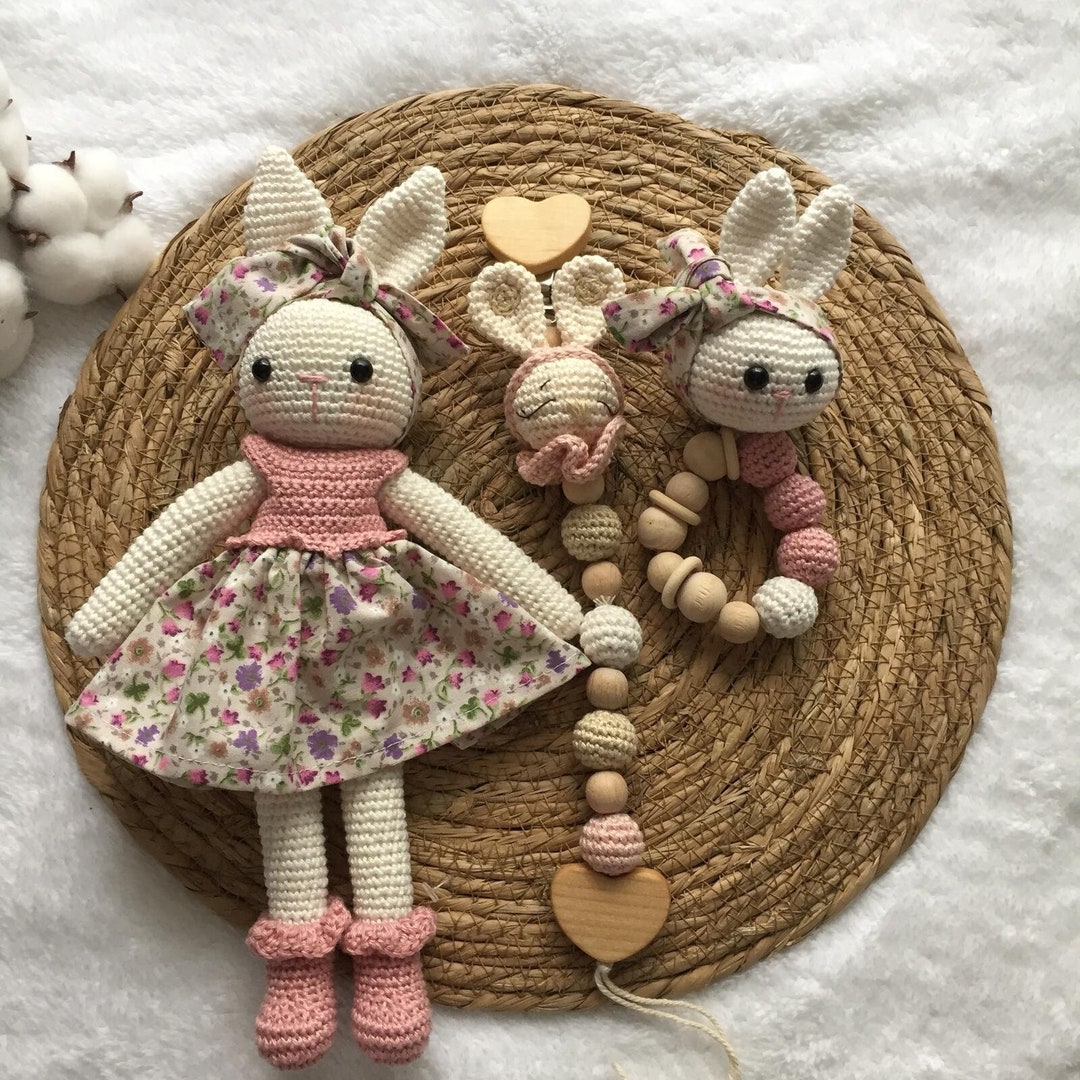 Crochet Baby Gift Set, Amigurumi Bunny, Rattle, Pacifier Clip - Etsy