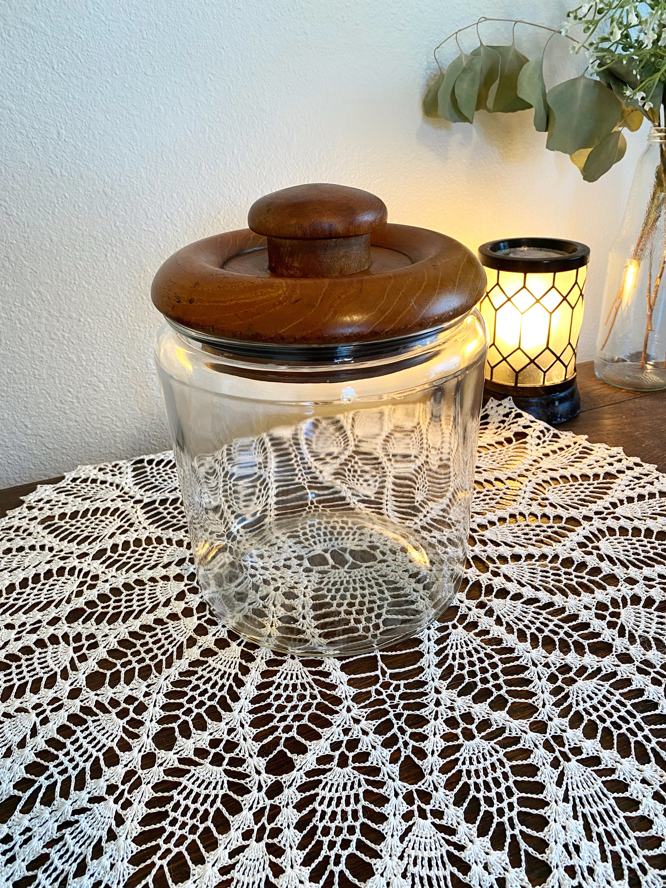 Dolphin Brand Glass Cookie Jar With Teakwood Lid Vintage MCM 