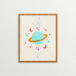 Cosmic (Aqua/Orange/Pink) | Print (Space Print, Space Art, Space Gift, Space Decor, Saturn Art, Saturn Gift, Saturn, Space, Stars, Moon)