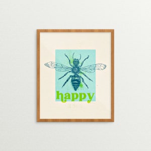 Bee Happy Blue/Green Print Bee Print, Bee Art, Bee Gift, Insect Art, Bee Decor, Insect Decor image 1