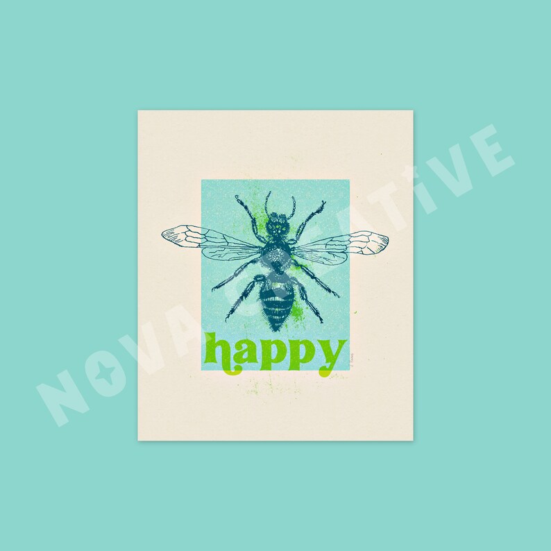 Bee Happy Blue/Green Print Bee Print, Bee Art, Bee Gift, Insect Art, Bee Decor, Insect Decor image 2
