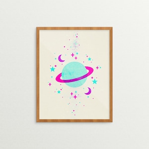 Cosmic (Aqua/Pink/Purple) | Print (Space Print, Space Art, Space Gift, Space Decor, Saturn Art, Saturn Gift, Saturn, Space, Stars, Moon)