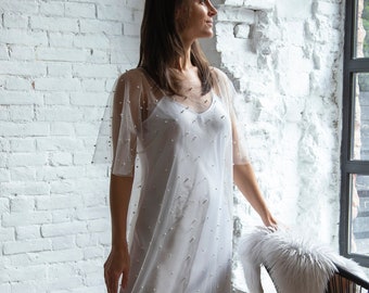 White Silk long Dress with pearls beaded Tulle Mesh dress / Slip Dress/ Silk slip dress/ Wedding dress