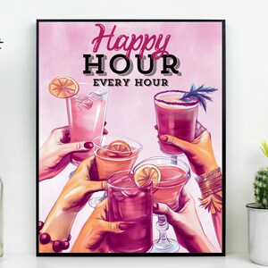 Cocktail Print, Happy Hour, Bar Cart Print, Cocktail Art print, Vintage Drinks, Bar Cart Wall Art, Pink Wall Art