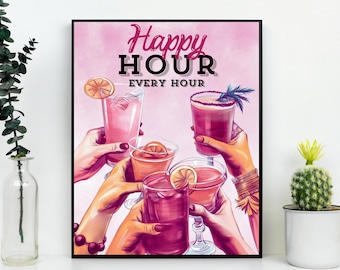 Cocktail Print, Happy Hour, Bar Cart Print, Cocktail Art print, Vintage Drinks, Bar Cart Wall Art, Pink Wall Art