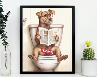 Perro en el arte de la pared del inodoro, divertido arte del perro, decoración del baño, humor del inodoro, divertido baño, perro, pintura al óleo digital, arte de la pared del hogar