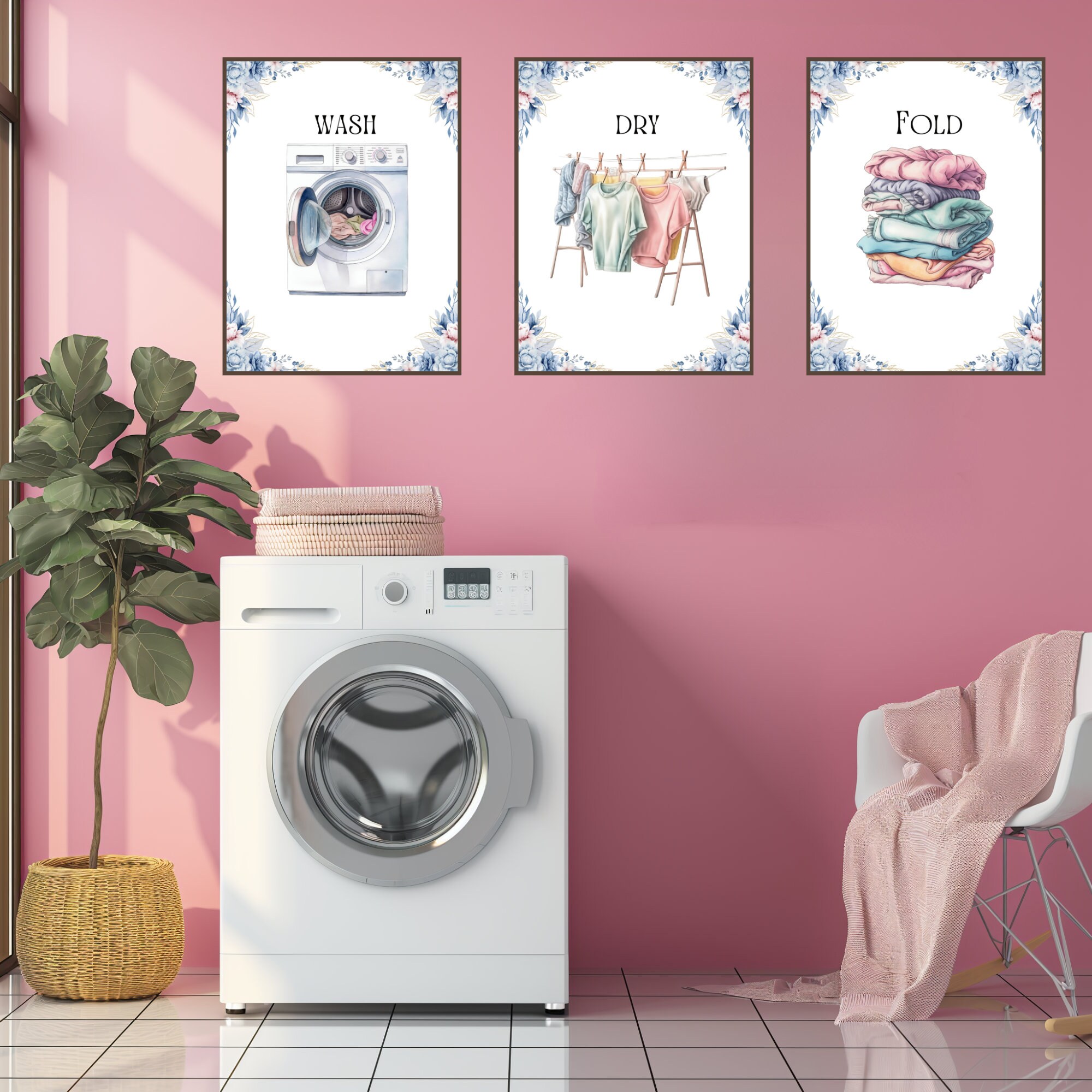 Wash Dry Fold, Laundry Room Poster, 3 Print Set, Digital Printable Art