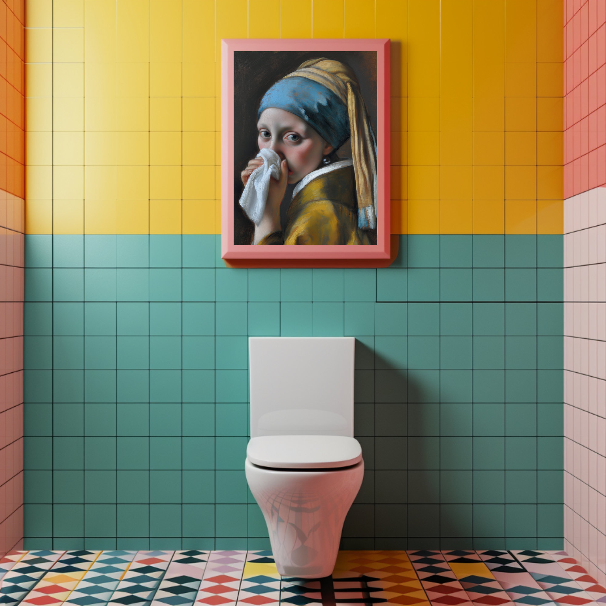 Funny Bathroom Toilet Art Wall Decor Lady Painting Vintage Midcentury ...