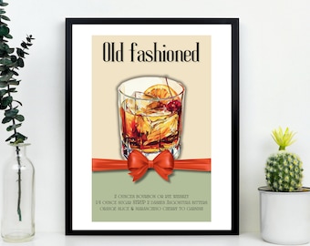 Old Fashioned Cocktail Print, Old Fashioned Cocktail Poster, Bar Wall Art, Classic Bar Cart Art Prints, Retro Print, Bar Accessories