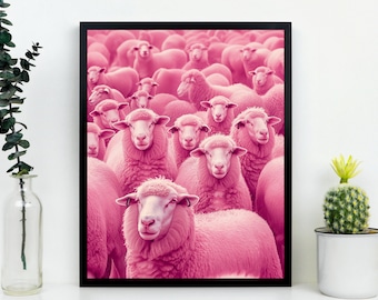 Rosa fårtryck för toalettväggkonsttryck roligt preppytryck maximalistisk väggkonst badrum väggtoalettposter roliga posterstryck