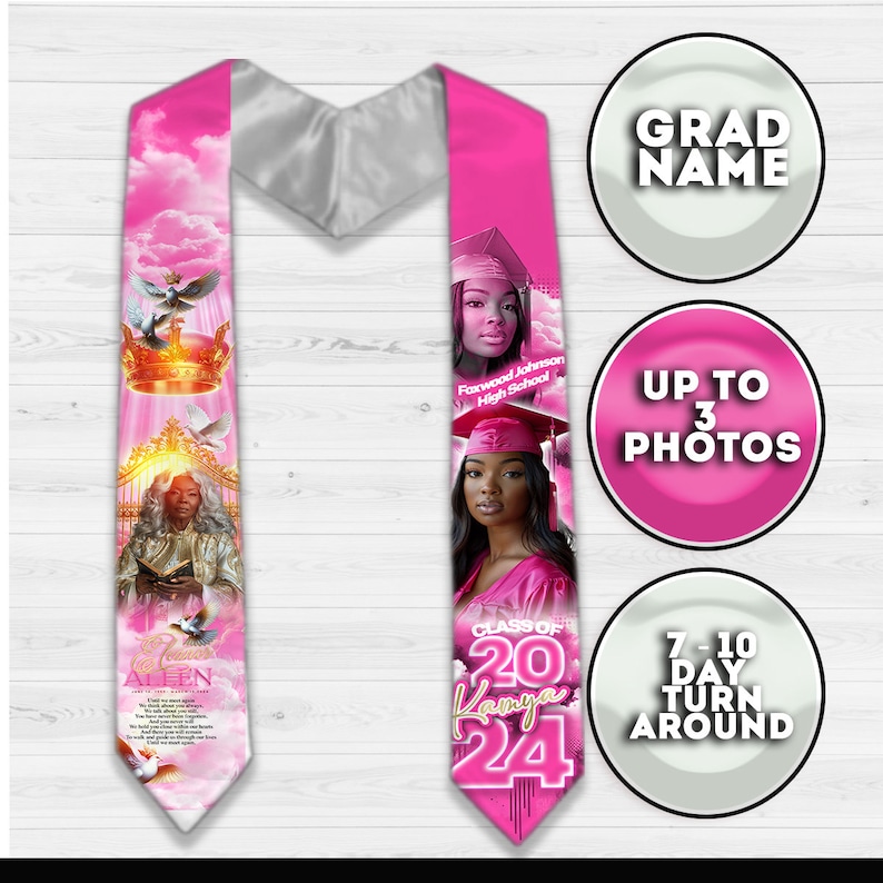 K&ouml;nnte beinhalten: Rosafarbener Abschluss-Stola mit silbernem Besatz. Die Stola zeigt ein Foto eines Absolventen in Kappe und Robe, eine Krone und den Text "Klasse von 2024" und "Vanya".