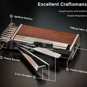 May include: A multi-tool lighter with a brown leather exterior and a silver metal body. It features a flame burner, ignition button, flame adjuster, filling valve, and a 3-in-1 scraper.