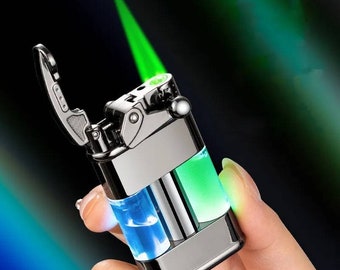 Rocker Switch Ignition Butane Gas Lighter Outdoor Windproof Turbine Torch Straight Green Flame Jet Cigarette Lighter Men&#39;s