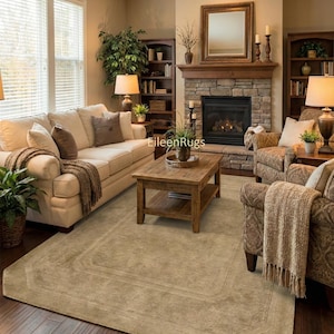 Harper handgetuft wollen vloerkleed met ingelijste rand – modern effen beige tapijt