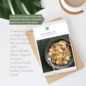 May include: A digital download for a 7-day meal plan to support the first 14 days of the menstrual cycle. The plan includes recipes, nutrients, a shopping list, and a guide. The image shows a colorful salad with chicken and a text overlay that says "Follicular Phase Support Program".