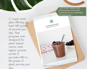 May include: A digital tablet displaying a 7-day plant-based high protein meal plan with nutrition facts, shopping list, and guide. The text "Plant-Based High Protein Program" is visible on the screen. The tablet is on a wooden surface with a red and white checkered cloth.