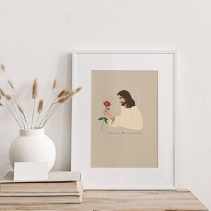 sa bien-aimée | Jésus et Rose | Reproduction d'art catholique | Impression giclée | Fleur et pétale
