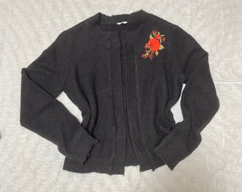 Black vintage cardigan,rose embroidered cardigan, 80 s cardigan, black vintage jumper